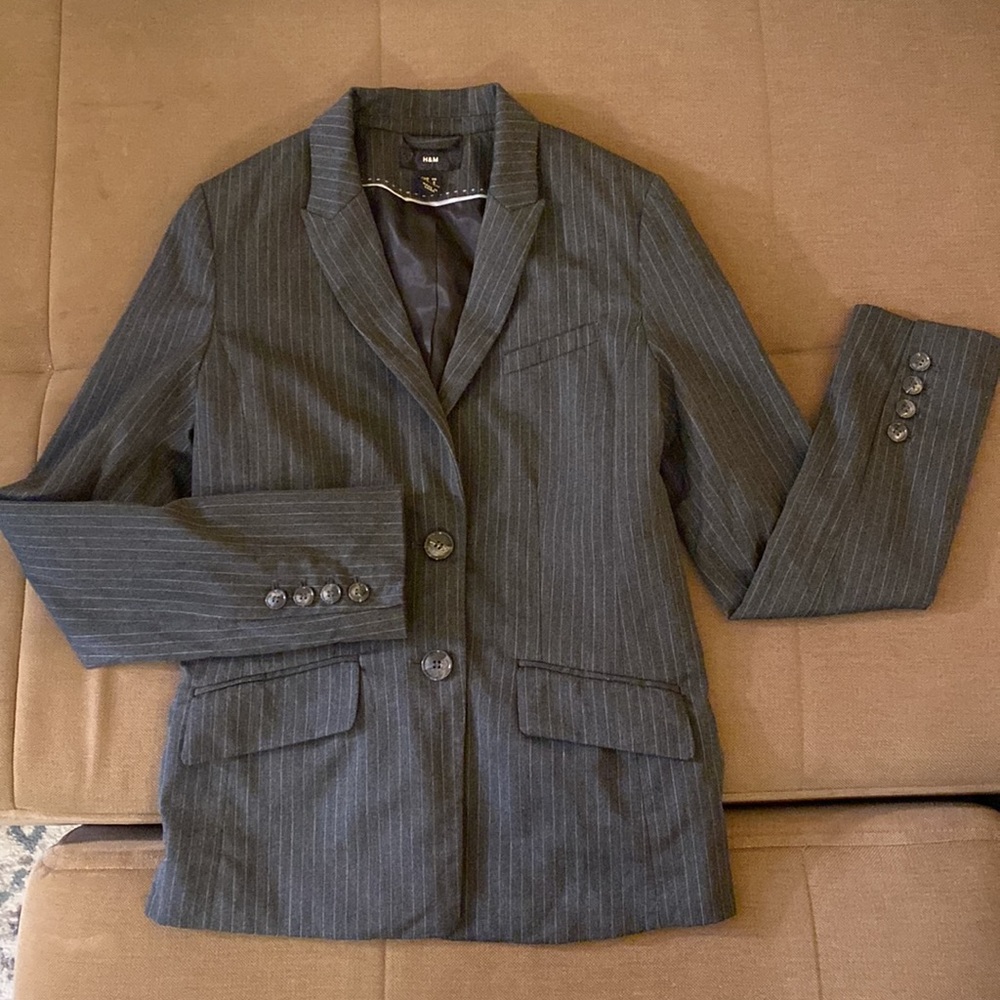 H&M grey striped blazer sz 6 career suit jacket